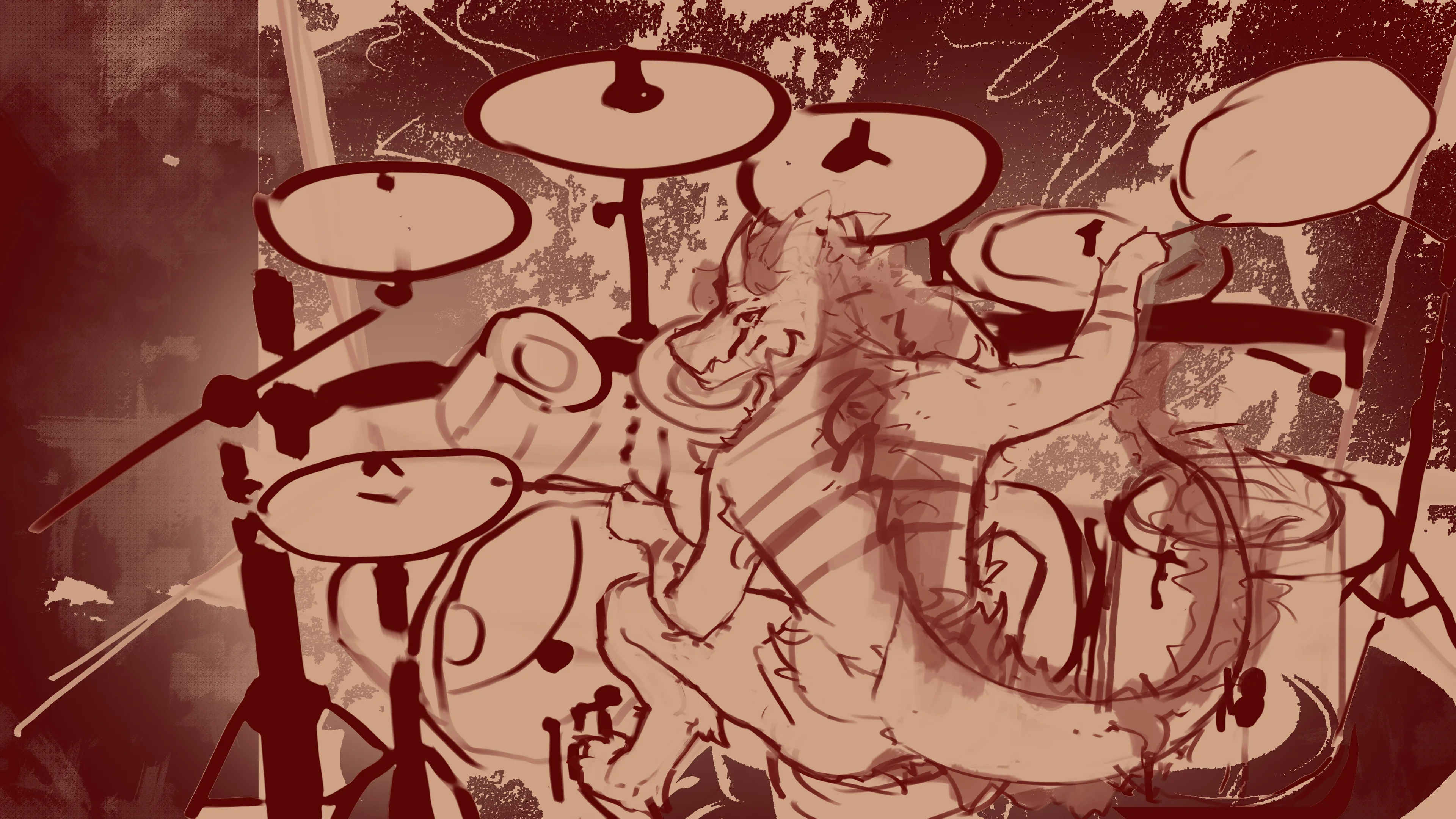 A dragon energetically plays a drum set in a sepia-toned illustration. The dynamic scene conveys excitement and musical rhythm, with drumsticks in motion.
